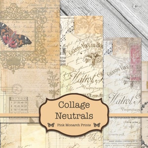 Collagepapier, vintage rommeldagboek, digitaal papier vintage, afdrukbaar collageboek, scheurblad rommeljournaal, neutraal, tags, rommeljournaalkit