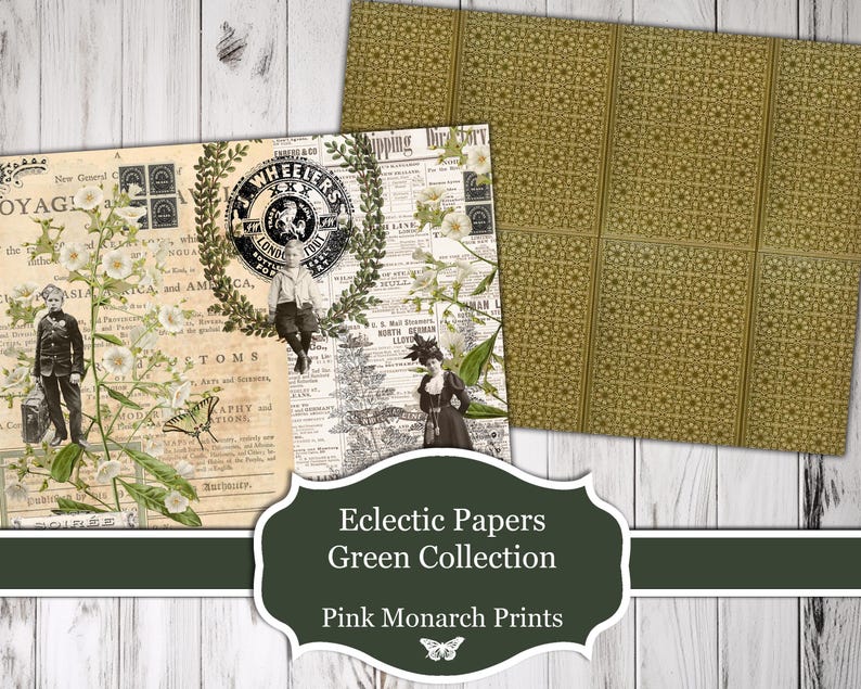 May include: A digital collage sheet featuring vintage-style illustrations and patterns. The sheet includes a floral design, a map, a butterfly, and a text overlay that reads "New Csend OYAGI the a WHEELERS LONDO real STOMS MOD APRY ATLONI Aurbanty".