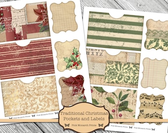 Christmas Pockets & Labels, Junk Journal Kit, Digital Junk Journal,  Christmas Junk Journal, Winter Journal, Printable Ephemera, Christmas