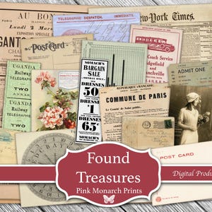 May include: A collection of aged vintage papers, including newspapers, postcards, and tickets. The image displays aged paper textures, floral illustrations, and text in various languages. The words "Found Treasures" and "Digital Product" are also visible.