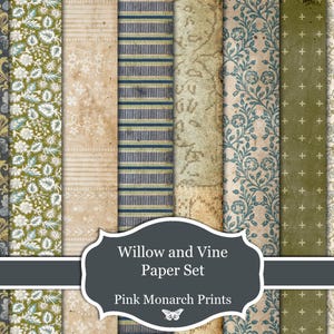 Peut inclure: Un ensemble de feuilles de papier à motifs variés et colorés. Les motifs comprennent des motifs floraux, rayés et damassés dans des tons de bleu, vert et beige. Le texte "Willow and Vine Paper Set" et "Pink Monarch Prints" est affiché sur une étiquette.