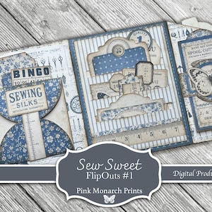 Sew Sweet FlipOuts #1, Junk Journaling Mini Folio, Page Idea, Kit, Pink Monarch Prints, Digital Kit