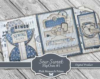 Sew Sweet FlipOuts #1, Junk Journaling Mini-Folio, Seitenidee, Set, Pink Monarch Prints, Digitales Set