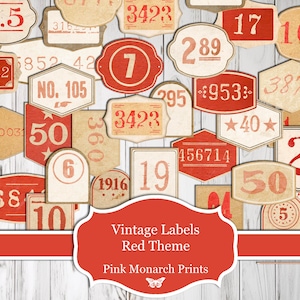 Op de afbeelding: Vintage rode en witte labels met verschillende nummers en tekst, waaronder "Vintage Labels Red Theme" en "Pink Monarch Prints".