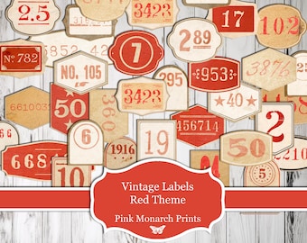 Vintage Labels, Red Theme, Junk Journal Labels, Printable, Junk Journaling, Supplies, Junk Journal Kit, Digital, Labels, Tidbits, Ephemera