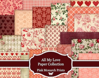 May include: A digital paper pack with 16 different patterns featuring red, pink, and white floral designs, hearts, and gingham patterns. The title "All My Love Paper Collection Pink Monarch Prints" is displayed on a burgundy banner.