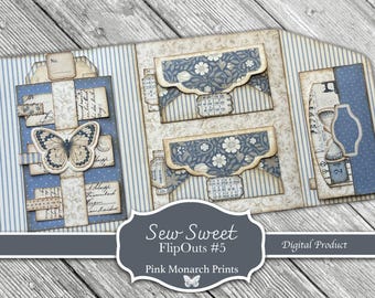 Sew Sweet FlipOuts #5, Junk Journaling Mini Folio, Page Idea, Kit, Pink Monarch Prints, Digital Kit
