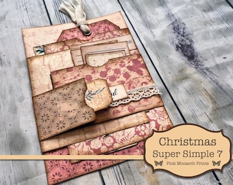 May include: A set of vintage-style Christmas gift tags with a pink and brown color scheme. The tags are decorated with floral patterns and have a distressed look. The text "Christmas Super Simple 7" and "Pink Monarch Prints" is visible on the tags.