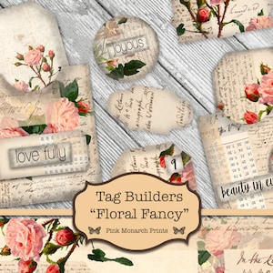 Shabby Chic Tag Builder, Floral Paper, Junk Journal Kit, Junk Journaling Digitals, Shabby Chic, Junk Journaling Tags, Floral Tags, Digital