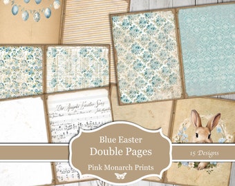 Double Pages, Blue Easter Theme, Digital, 15 Designs, Junk Journal Kit, Junk Journal, Junk Journaling, Digital Papers, Junk Journal, Paper