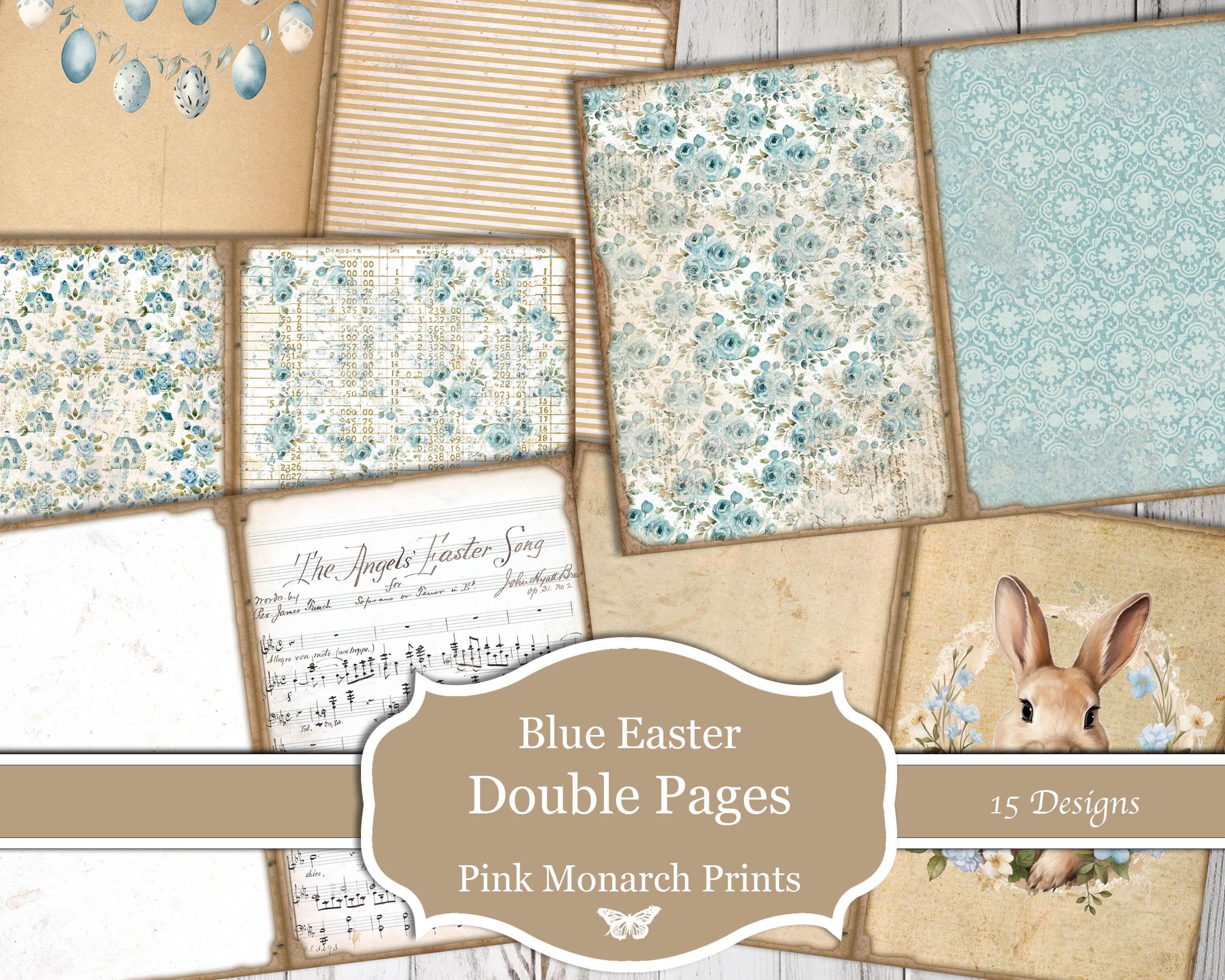 Double Pages, Blue Easter Theme, Digital, 15 Designs, Junk Journal Kit, Junk Journal, Junk Journaling, Digital Papers, Junk Journal, Paper