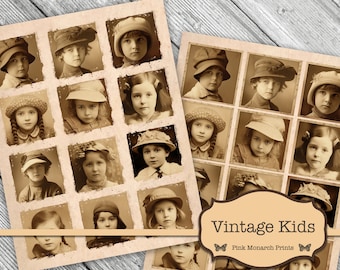 Puede incluir: Un collage de fotografías vintage de niños con sombreros. Las fotos están dispuestas en una cuadrícula sobre un fondo texturizado. El texto "Vintage Kids" y "Pink Monarch Prints" está en la parte inferior de la imagen.