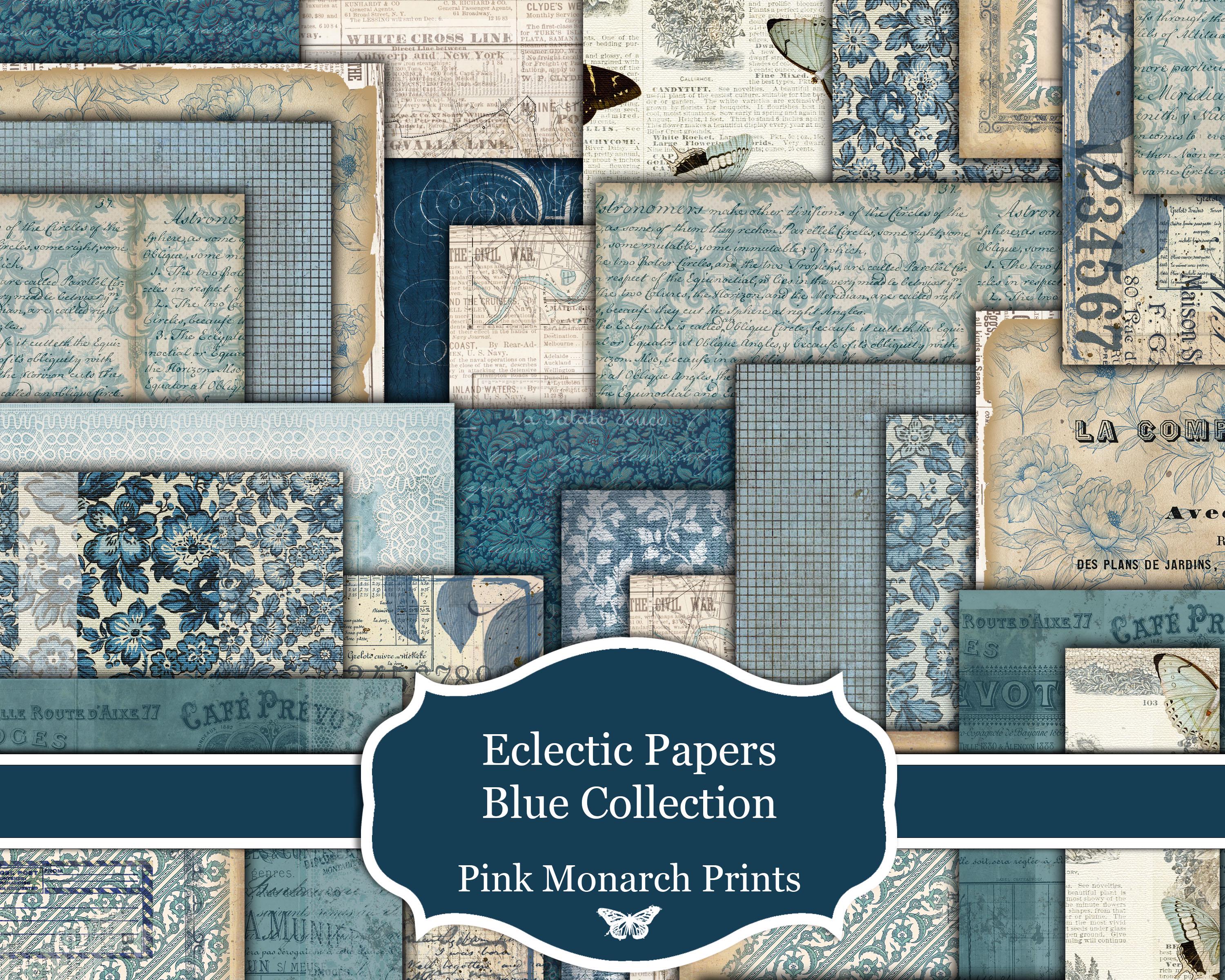 Eclectic Papers Blue Collection, Printable Papers, Digital Junk Journal, Scrapbook Papers,Pink Monarch Prints, Blue Junk Journal, Blue Paper