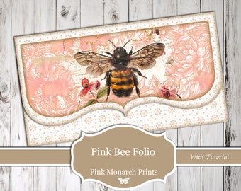 Pink Bee Folio, Digital Junk Journal Kit, Junk Journal, Junk Journal Supplies, Printable Junk Journal, Project, Bees, Pink, Folio, Digital