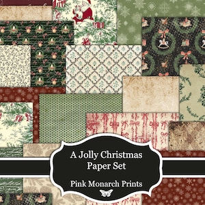 Op de afbeelding: Een verzameling kerstthema-gepatroneerde papieren in verschillende ontwerpen. De papieren bevatten feestelijke motieven zoals de kerstman, kransen, strikken en sneeuwvlokken in tinten rood, groen en crème. De tekst "A Jolly Christmas Paper Set" wordt weergegeven.