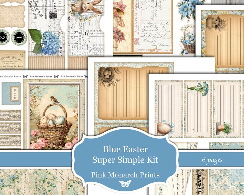 Blue Easter Super Simple, Printable Kit, Digital, Junk Journal Kit, Junk Journal, Junk Journaling, Pink Monarch Prints, Vintage, Scrapbook zdjęcie 2