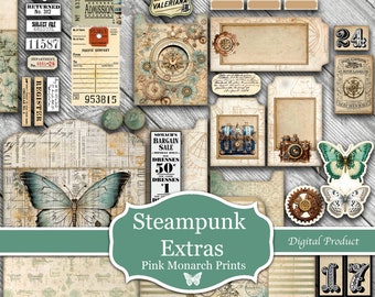 Blauwe Steampunk kieskeurige bezuinigingen, vintage, digitaal, ongewenste Journal, afdrukbare, ongewenste Journal kieskeurige bezuinigingen, plakboek, leveringen, ongewenste Journal Kit