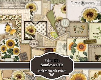Printable Sunflower Kit, Scrapbooking, Junk Journal Kit (Digital Download)