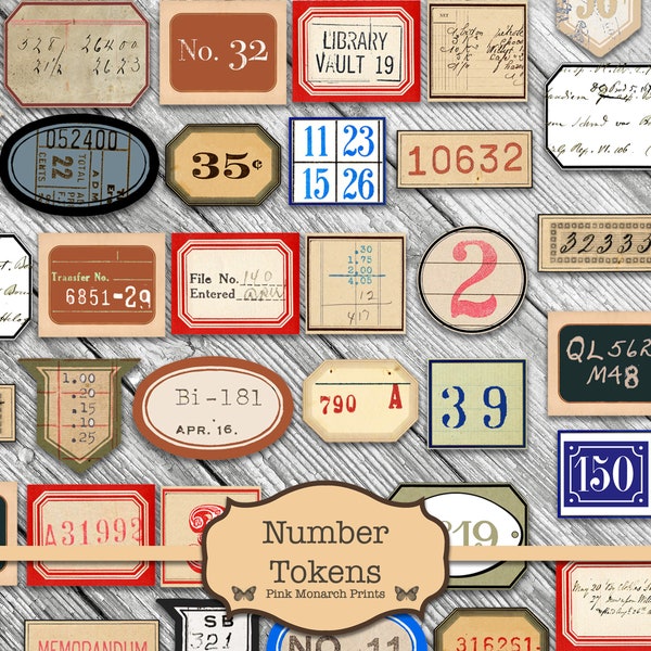 Number Tokens, Junk Journaling Labels, Words for Junk Journals, Junk Journal Numbers, Vintage Numbers, Junk Journaling, Printable, Digitals