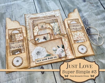 May include: A vintage-style scrapbook with a beige and brown color scheme. The scrapbook is decorated with floral patterns, music notes, and the text "but love goes on." The title of the scrapbook is "JUST LOVE Super Simple #3" with the text "Pink Monarch Prints" below.