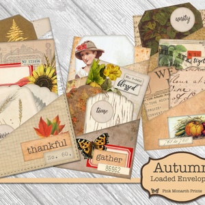 May include: A set of vintage-style envelopes with autumn-themed designs. The envelopes are decorated with fall leaves, pumpkins, sunflowers, and other seasonal elements. The text on the envelopes includes words like "unity", "together", "blessed", "time", "gather", "thankful", and "761 to 780".