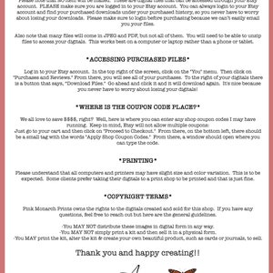 Op de afbeelding: Een roze en witte grafiek met de tekst "Important Information" en "Before You Buy" in zwarte tekst. De grafiek bevat informatie over het kopen van digitale bestanden op Etsy, toegang tot gekochte bestanden, kortingscodes, afdrukken en auteursrechtvoorwaarden. De grafiek is ondertekend met "Anna" en een vlinderillustratie.