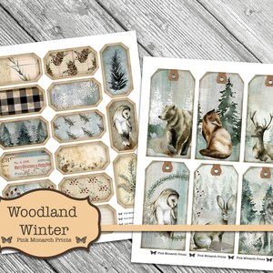 May include: Printable digital paper pack with woodland winter themed images. Includes tags with owls, deer, foxes, bears, and other animals.  The paper pack is perfect for scrapbooking, card making, and other crafts.  Woodland Winter by Pink Monarch Prints.