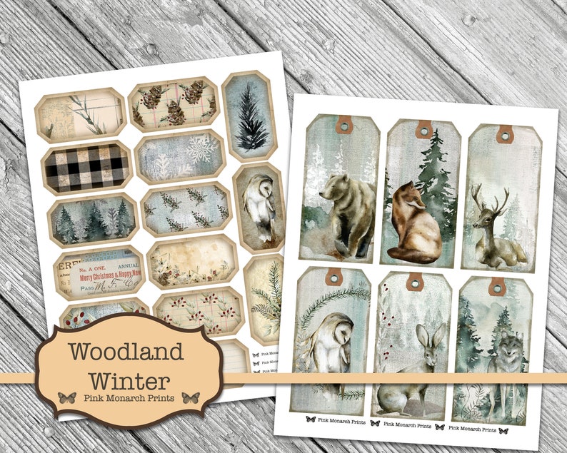 May include: Printable digital paper pack with woodland winter themed images. Includes tags with owls, deer, foxes, bears, and other animals.  The paper pack is perfect for scrapbooking, card making, and other crafts.  Woodland Winter by Pink Monarch Prints.