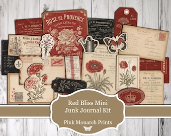 Red Bliss Mini Junk Journal Kit, Scrapbooking, Printable, Ephemera and More (Digital Download)