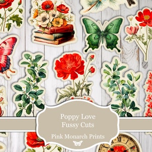 Fussy Cuts, Poppy Love, Botaniczny, Mak, Kwiatowy, Scrapbooking, Junk Journal, Junk Journaling, Papier cyfrowy, Ephemera, Pobieranie cyfrowe