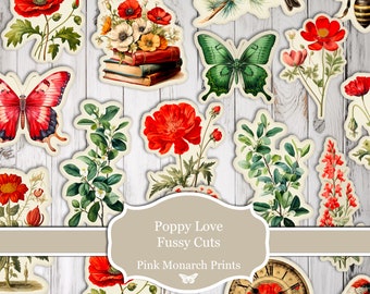 Fussy Cuts, Poppy Love, Botanical, Poppy, Floral, Scrapbooking, Junk Journal, Junk Journaling, Digital Paper, Ephemera, Digital Download