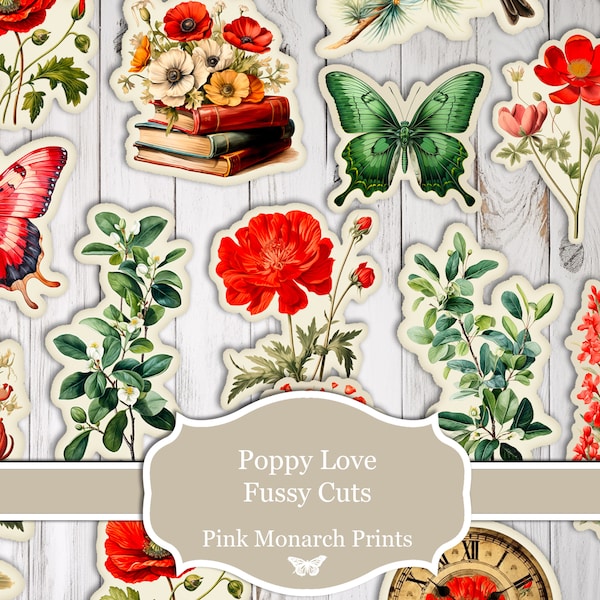 Fussy Cuts, Poppy Love, Botanical, Poppy, Floral, Scrapbooking, Junk Journal, Junk Journaling, Digital Paper, Ephemera, Digital Download