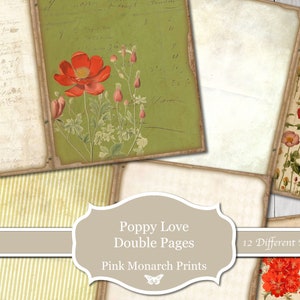 Double Pages, Botanical, Poppy, Junk Journal Kit, Junk Journal, Junk Journaling, Digital Papers, Junk Journal, Digital Paper, Poppy Love