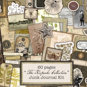 May include: A collage of vintage ephemera, including stamps, tags, and floral elements in sepia tones. The text "60 pages The Keepsake Collection Junk Journal Kit" is displayed prominently. Decorative elements include a star, butterfly, and film strip.