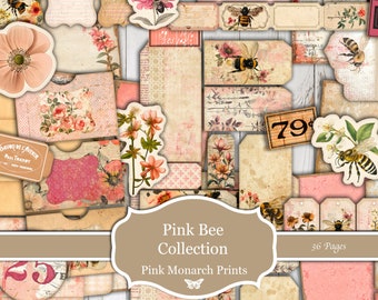 Pink Bee Collection, Large Junk Journal Kit, Pink, Bee, Honeybee, Floral, Digital, Junk Journal, Pink Junk Journal, Pink Monarch Print