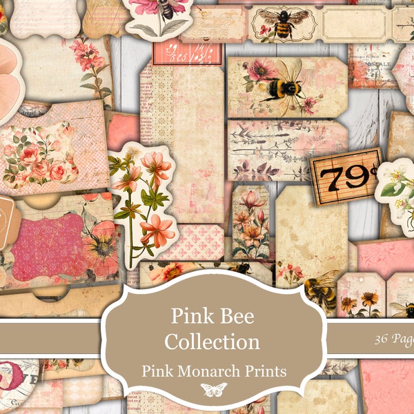 Collection abeille rose, grand kit de journal indésirable, rose, abeille, abeille, floral, numérique, journal indésirable, journal indésirable rose, impression monarque rose