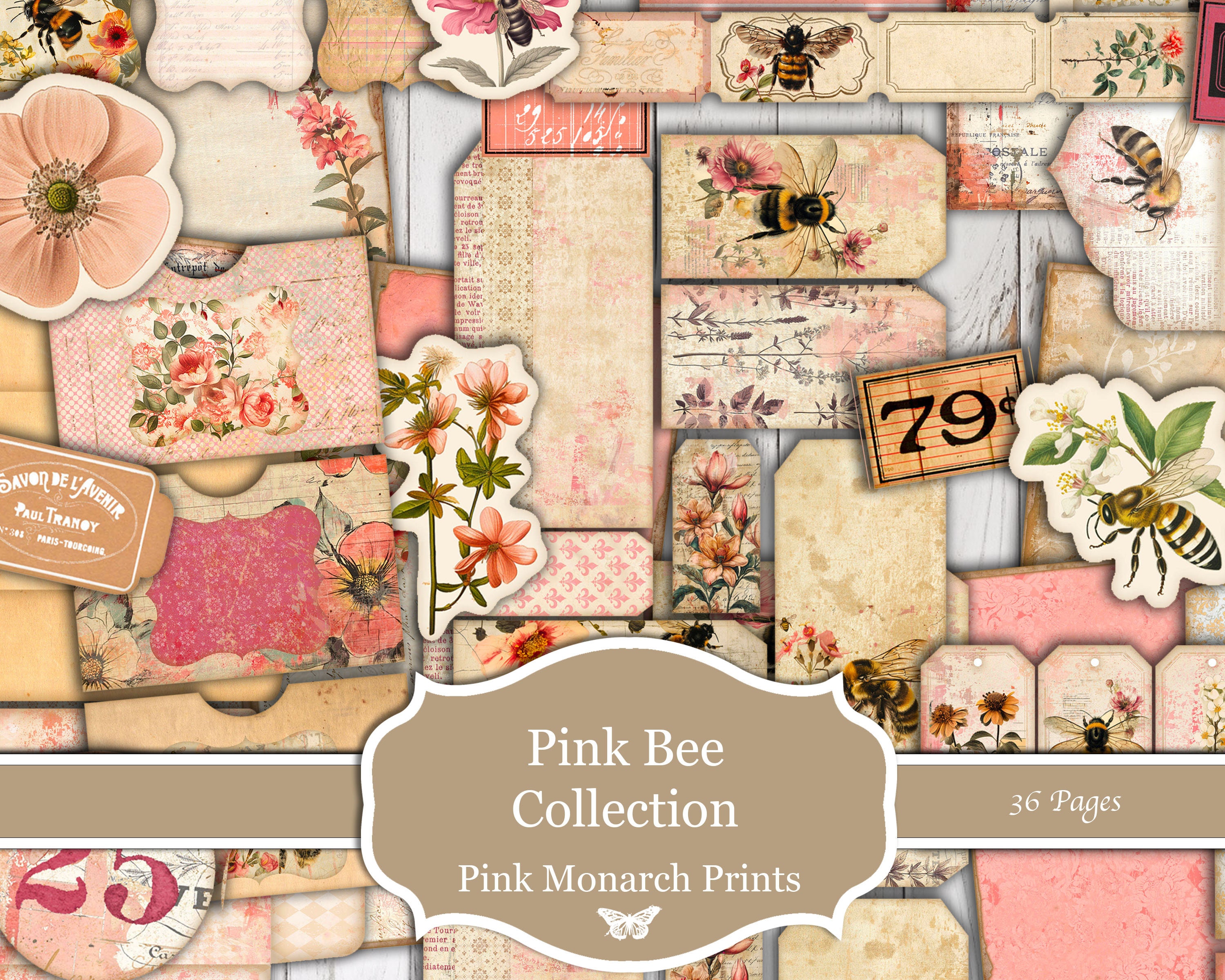 Pink Bee Collection, Large Junk Journal Kit, Pink, Bee, Honeybee, Floral, Digital, Junk Journal, Pink Junk Journal, Pink Monarch Print