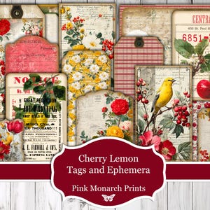 May include: A selection of vintage-style tags and ephemera with floral and botanical designs. The tags feature various shapes, including rectangles and rounded edges, with a colour palette of red, yellow, and cream. The text "Cherry Lemon Tags and Ephemera" is visible.