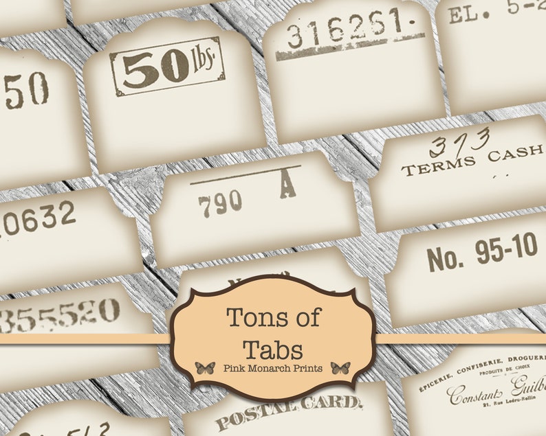May include: A set of vintage-style printable labels with various text and numbers, including "50 lbs", "790 A", "316251", "373 TERMS CASH", and "No. 95-10". The labels are on a light brown wood background. The text "Tons of Tabs Pink Monarch Prints" is in a banner at the bottom of the image.