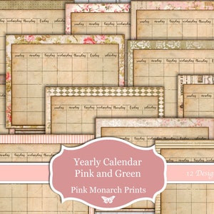 Może przedstawiać: Dwunastu drukowanych wzorów na roczny kalendarz w kolorze różowym i zielonym z motywem kwiatowym. Tekst "Yearly Calendar Pink and Green" i "12 Designs" jest zawarty w obrazie. Tekst "Pink Monarch Prints" jest również zawarty w obrazie.