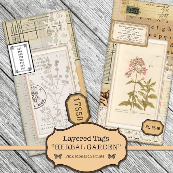 Junk Journal Kit, Junk Journaling Digitals, Layered Tags, Collage, Digital Number Labels, Printable Tags, Herbal Tags, Junk Journaling Tags