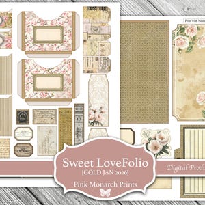 Puede incluir: Un producto digital con varios elementos de papel ef&iacute;mero. Incluye bolsillos con estampado floral, etiquetas y hojas de papel decorativas. El dise&ntilde;o presenta una est&eacute;tica vintage con tonos rosa y beige suaves. El texto "Sweet LoveFolio" es visible.