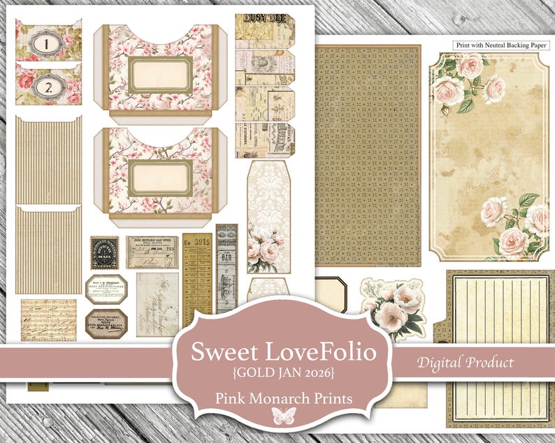 Puede incluir: Un producto digital con varios elementos de papel ef&iacute;mero. Incluye bolsillos con estampado floral, etiquetas y hojas de papel decorativas. El dise&ntilde;o presenta una est&eacute;tica vintage con tonos rosa y beige suaves. El texto "Sweet LoveFolio" es visible.