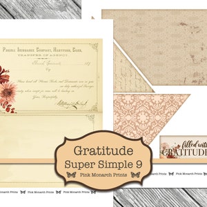 May include: A digital printable design for a gratitude journal with a vintage aesthetic. The design features a floral illustration, a vintage insurance document, and the text "Gratitude Super Simple 9" and "Pink Monarch Prints".