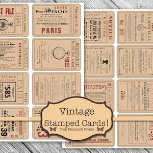 May include: Vintage style printable cards with a variety of designs, including advertisements for businesses, services, and products. The cards feature a brown paper background with black text and illustrations. The text includes phrases like "General Offices", "Registered", "Notice", "Admission", "Paris", and "50 Francs".