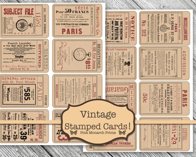 May include: Vintage style printable cards with a variety of designs, including advertisements for businesses, services, and products. The cards feature a brown paper background with black text and illustrations. The text includes phrases like "General Offices", "Registered", "Notice", "Admission", "Paris", and "50 Francs".