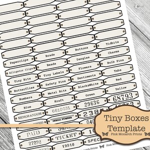 May include: Printable template for tiny boxes with labels for various items, including paperclips, beads, buttons, tidbits, charms, and more. The template includes the text "Tiny Boxes Template" and "Pink Monarch Prints".