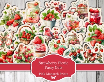 Strawberry Picnic Fussy Cuts, Strawberry Junk Journal, Floral, Scrapbooking, Junk Journal, Junk Journaling, Digital, Ephemera, Printable