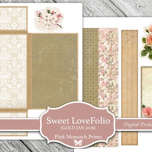 Puede incluir: Producto digital con varios dise&ntilde;os de papel de scrapbook. Incluye papeles florales y estampados en tonos beige, rosa y dorado. El texto "Sweet LoveFolio" y "Pink Monarch Prints" es visible.