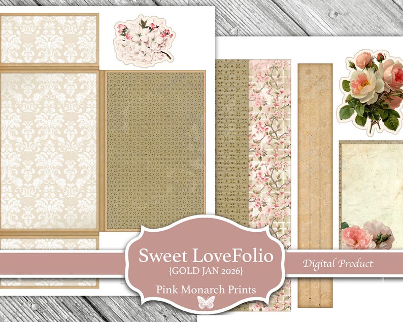 Puede incluir: Producto digital con varios dise&ntilde;os de papel de scrapbook. Incluye papeles florales y estampados en tonos beige, rosa y dorado. El texto "Sweet LoveFolio" y "Pink Monarch Prints" es visible.